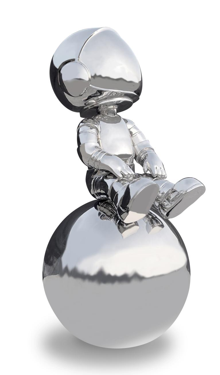 cosmonaute penseur 1,50 m inox poli miroir